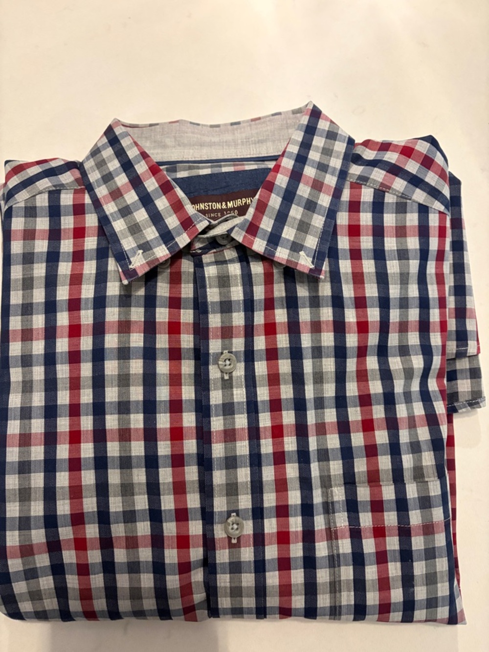 Johnston & Murphy Men’s Large Red, Blue & White Plaid Casual Button-Down Shirt
